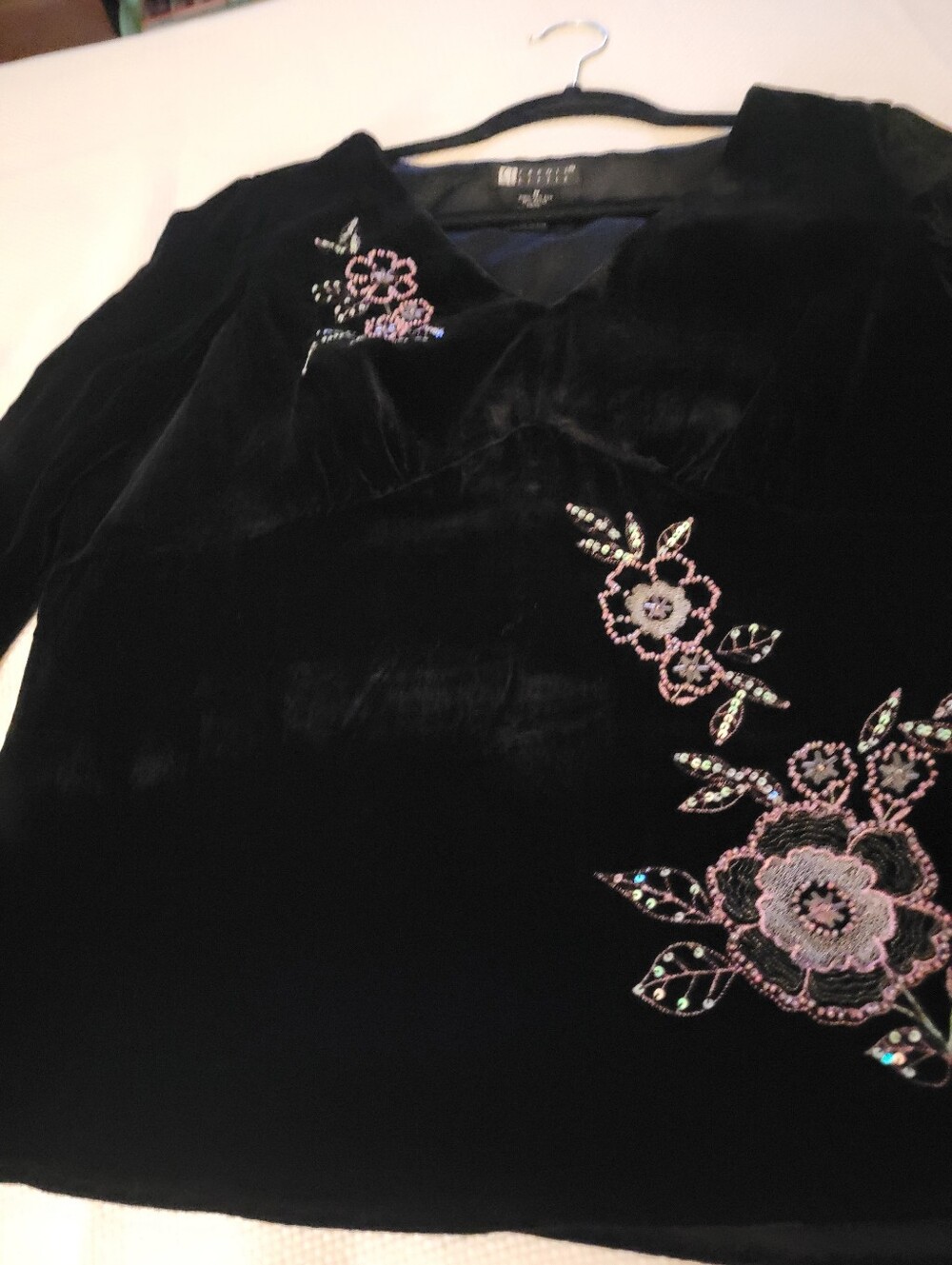 Carole Little Black Velvet Floral Beaded Top